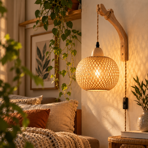 Bamboo lantern wall lamp with hand-woven rattan shade