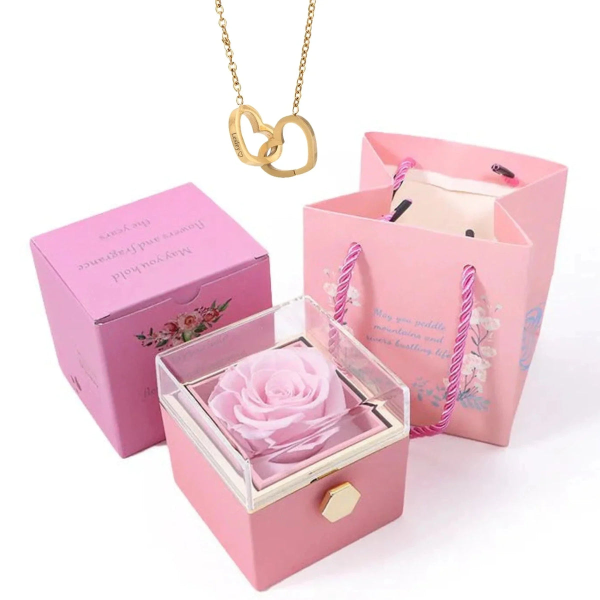 Personalized name heart necklace with rotating rose box, view 13