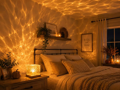 Rotating water ripple night light projector casting aurora light on a wall