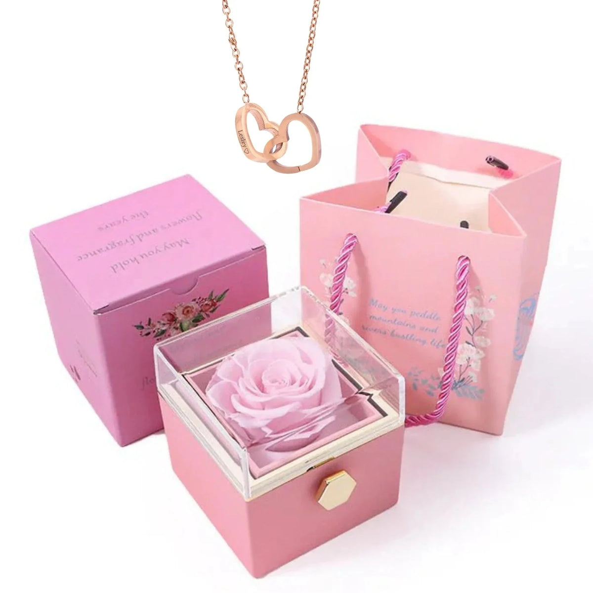 Personalized name heart necklace with rotating rose box, view 14