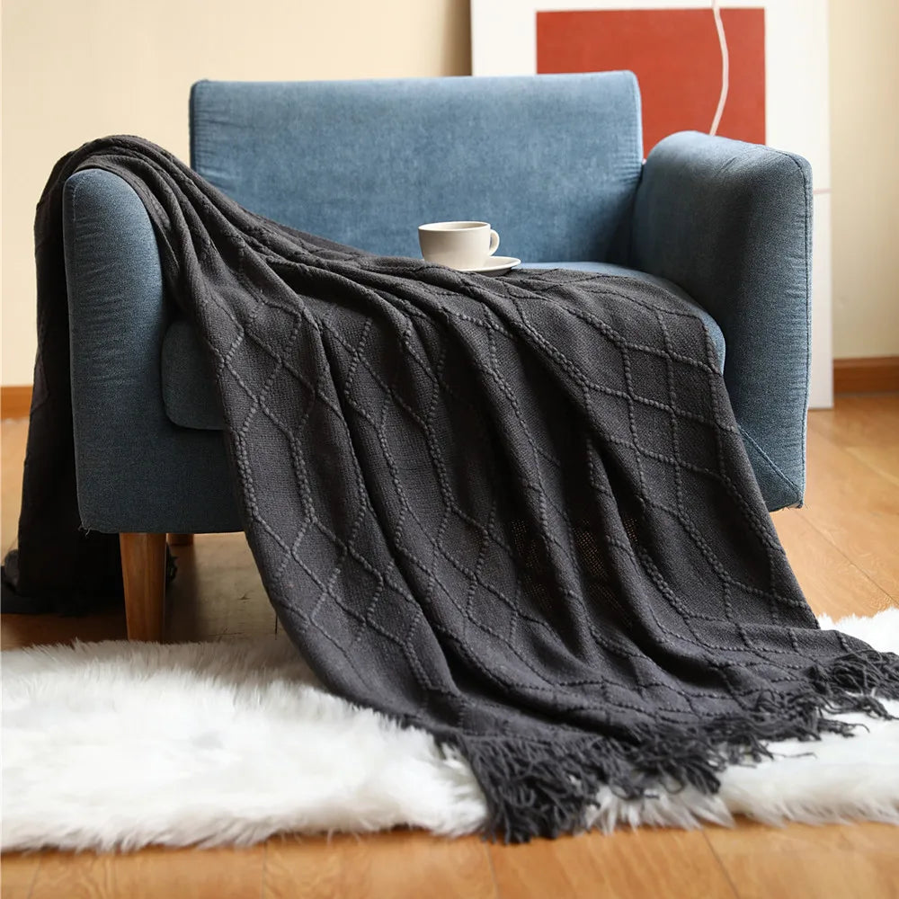 Khaki Gift Knitted Blanket with Tassels