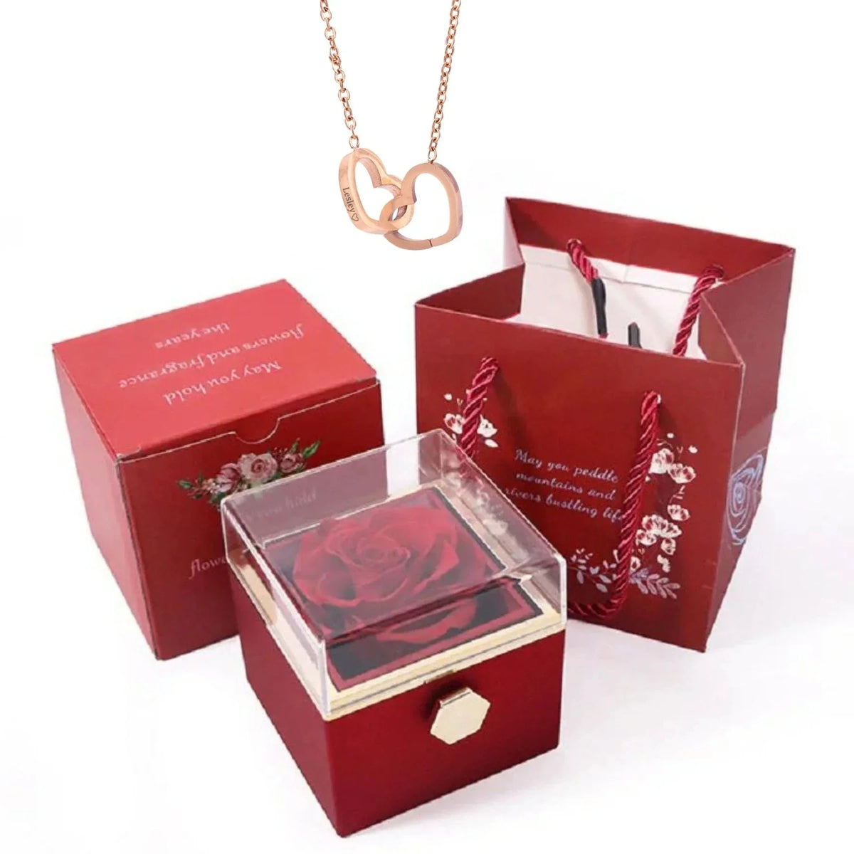 Personalized name heart necklace with rotating rose box, view 15