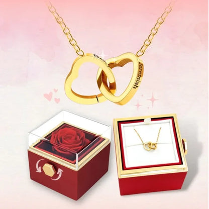 Personalized name heart necklace with rotating rose box, view 1
