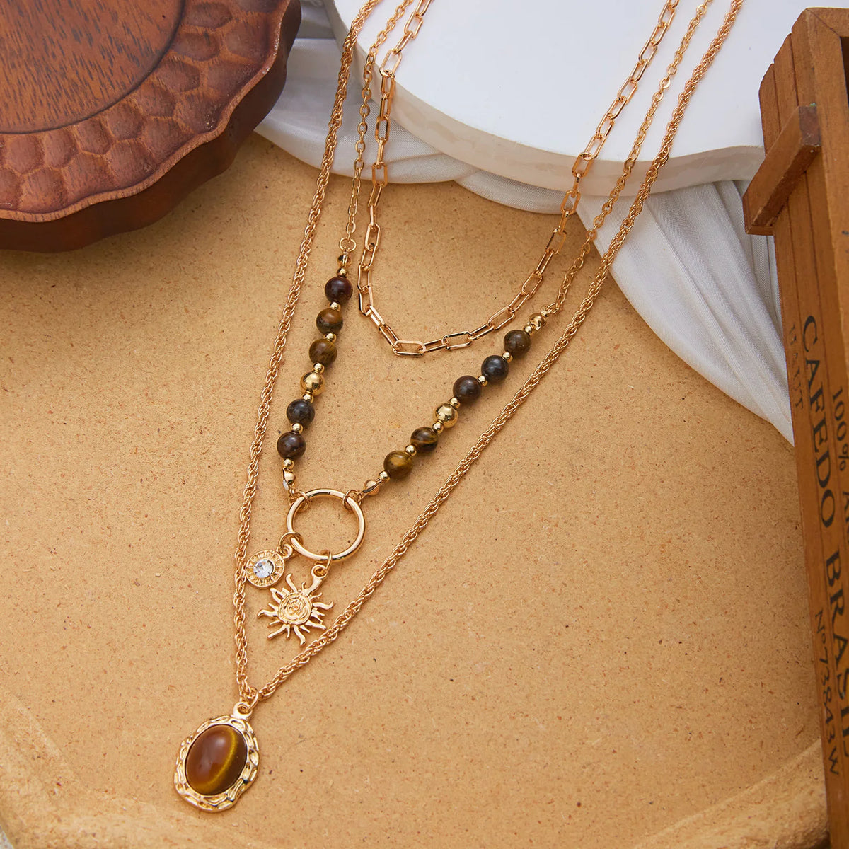 Layered tiger eye sun pendant necklace, view 2