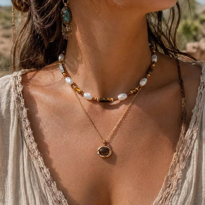 Layered tiger eye sun pendant necklace, view 8