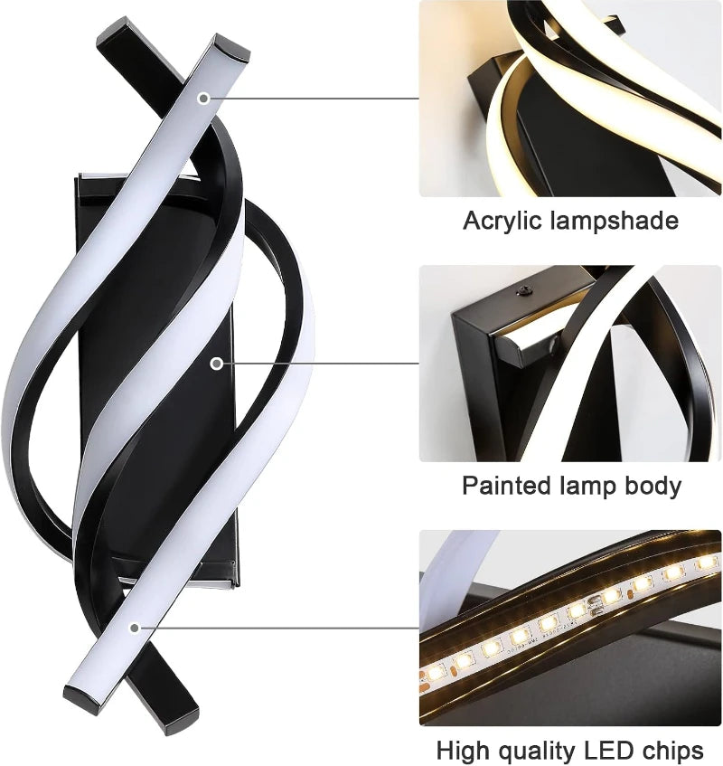 Curved Spiral Design LED Wall Lamp for Bedroom Bedside Corridor Living Room