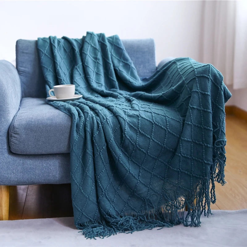 Khaki Gift Knitted Blanket with Tassels