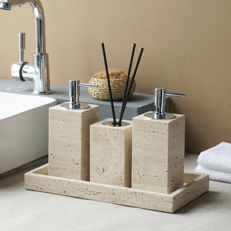 Beige travertine bathroom accessory set, view 5