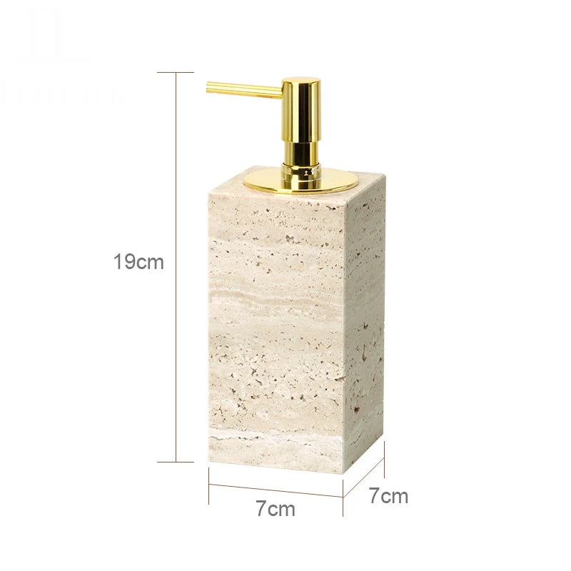 Beige travertine bathroom accessory set, view 7