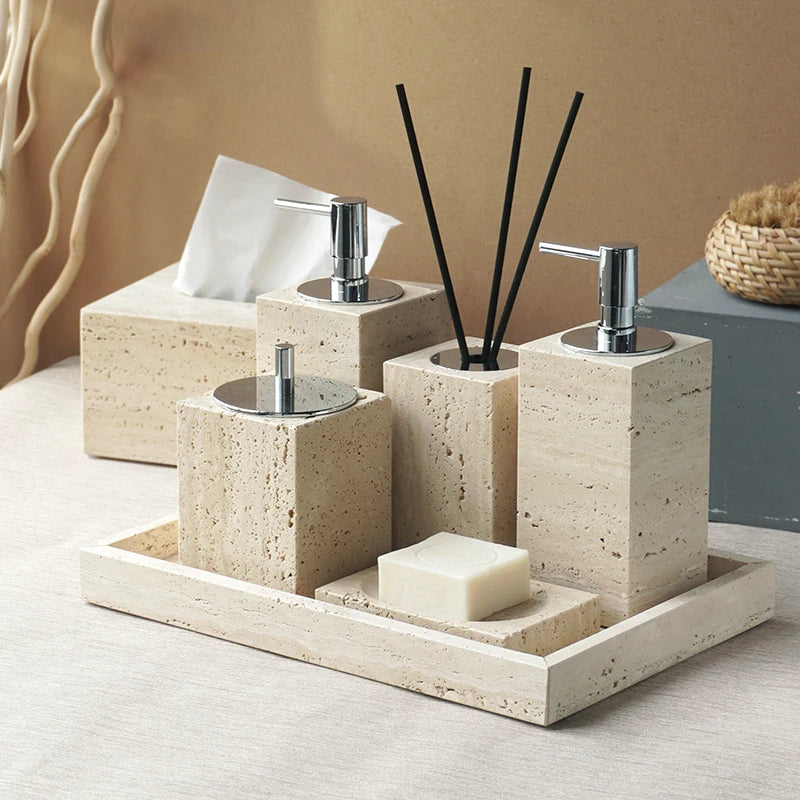 Beige travertine bathroom accessory set, view 1