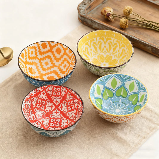 Bohemian ceramic bowl set of 4, colorful patterned bowls