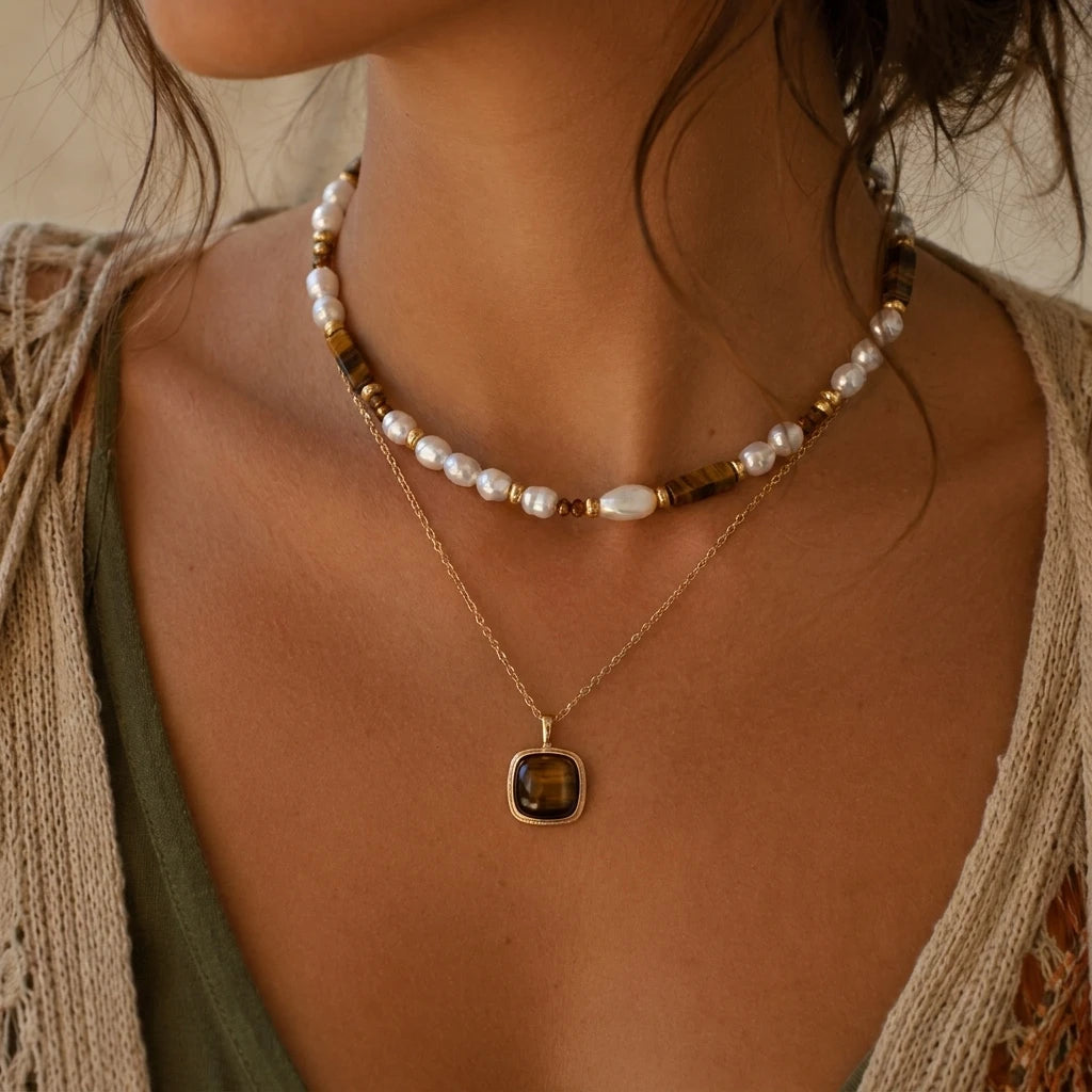 Layered tiger eye sun pendant necklace, view 14