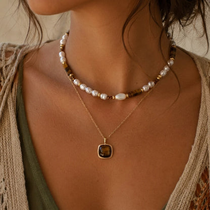 Layered tiger eye sun pendant necklace, view 14
