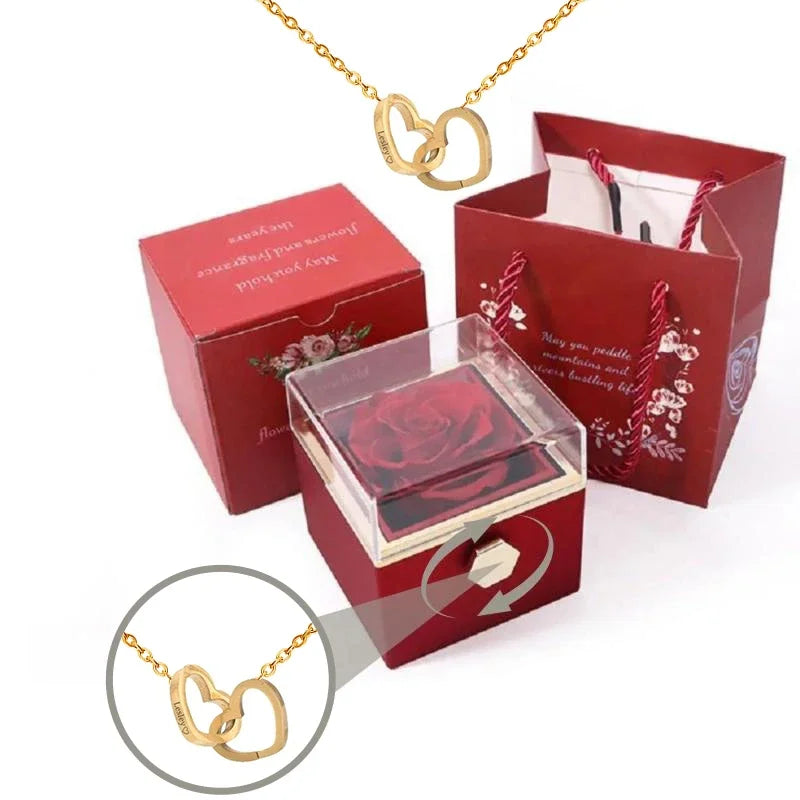 Personalized name heart necklace with rotating rose box, view 4