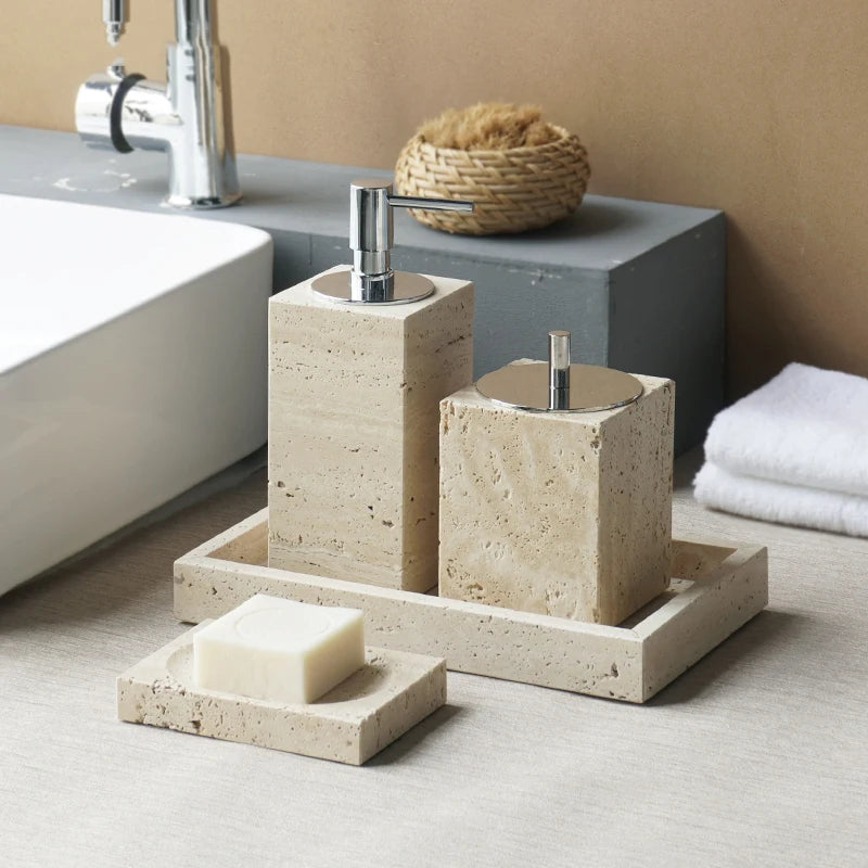 Beige travertine bathroom accessory set, view 4
