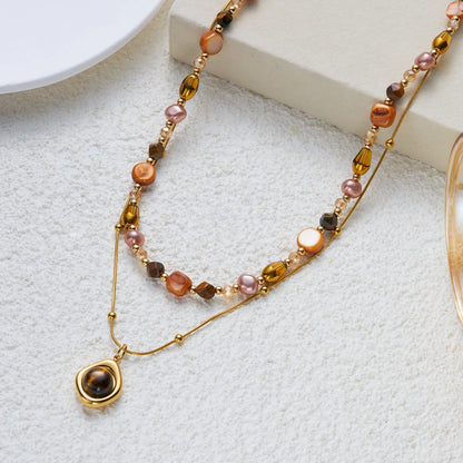 Layered tiger eye sun pendant necklace, view 5