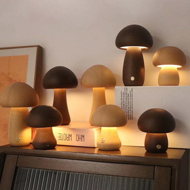 Wooden Mushrooms Night Light Touch - USB Chargeable