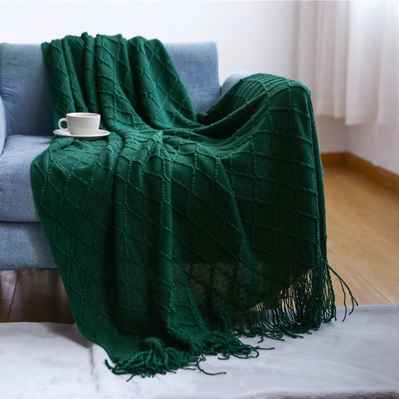 Khaki Gift Knitted Blanket with Tassels