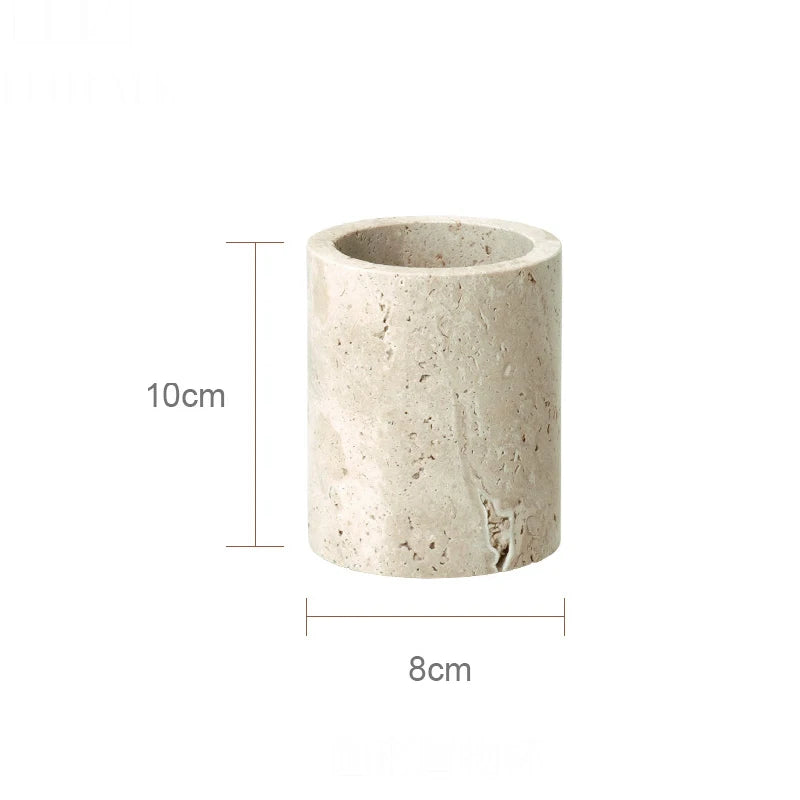 Beige travertine bathroom accessory set, view 13
