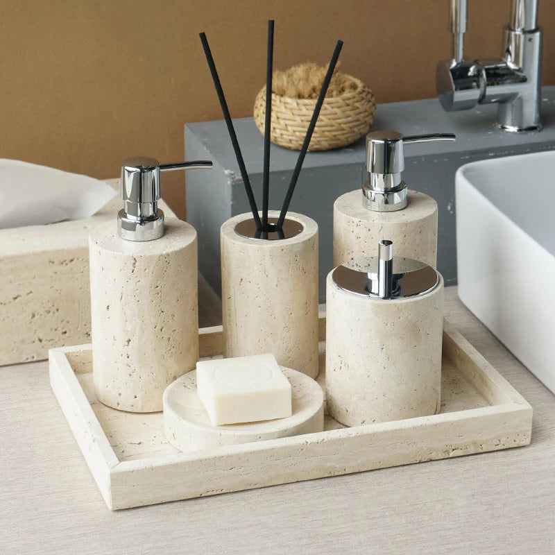 Beige travertine bathroom accessory set, view 2