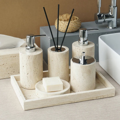 Beige travertine bathroom accessory set, view 2