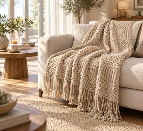 Khaki Gift Knitted Blanket with Tassels