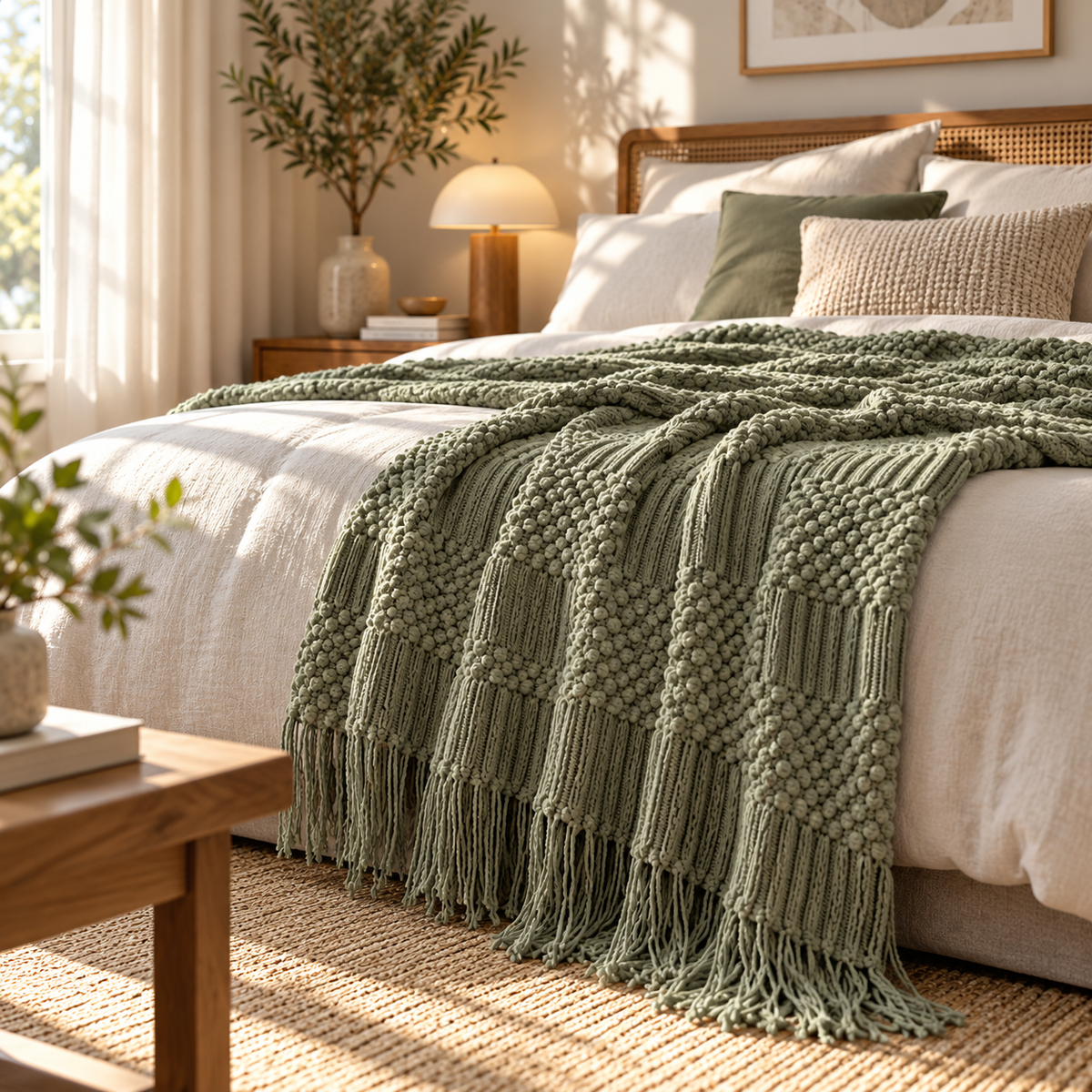 Khaki Gift Knitted Blanket with Tassels