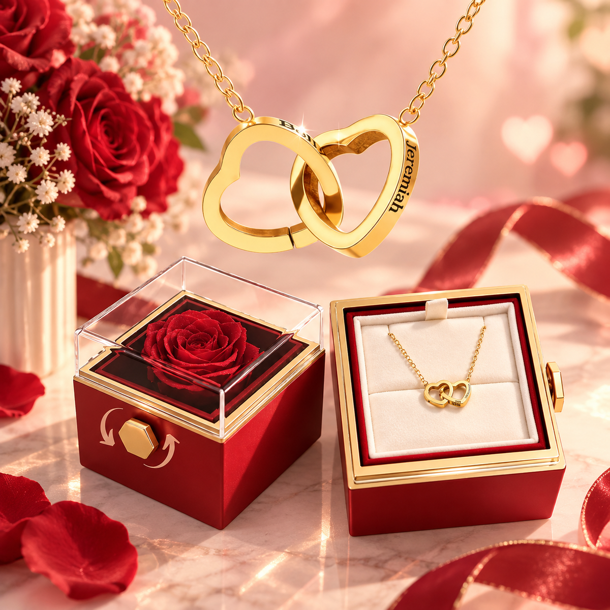 Gold interlocking heart necklace engraved with names, shown with the rotating rose box