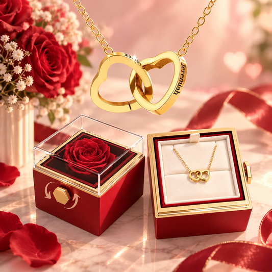 Gold interlocking heart necklace engraved with names, shown with the rotating rose box